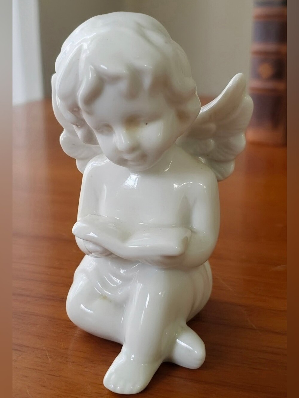 Burton + Burton Solid White Cherub Angel Reading a Book Ceramic Figurine 5"